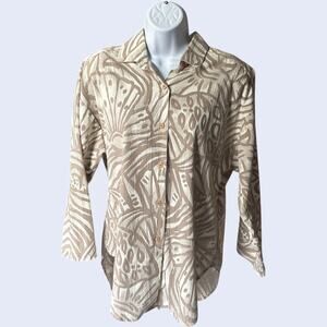 Carmelton Vintage Boho Blouse - Beige Abstract Print Relaxed Fit 80s 90s M